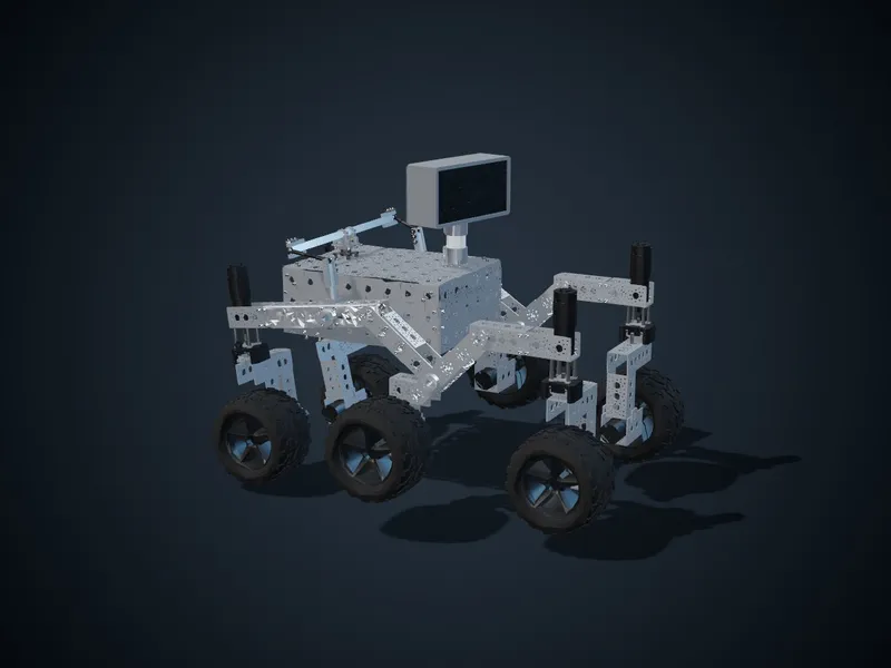 The robot, assembled, lit as in a studio