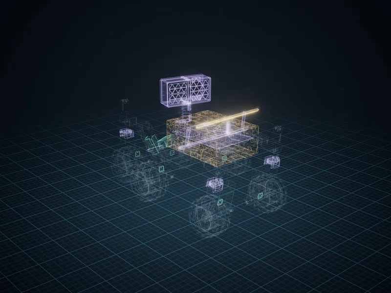 The robot in x-ray, each part in its supplier's color, catalog parts dimmed