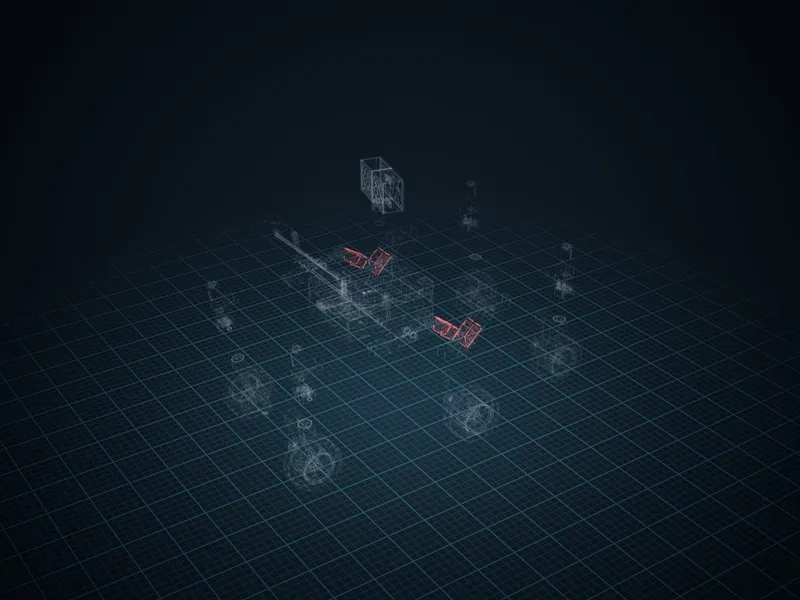 The robot in x-ray, spread apart, its modified channels in red pen